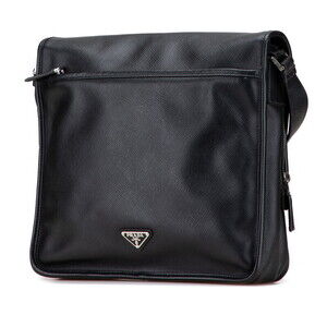 Prada black bag shoulder triangular crossbody leather Saffiano logo plaque